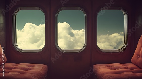 Three windows offer a view of fluffy white clouds against the sky