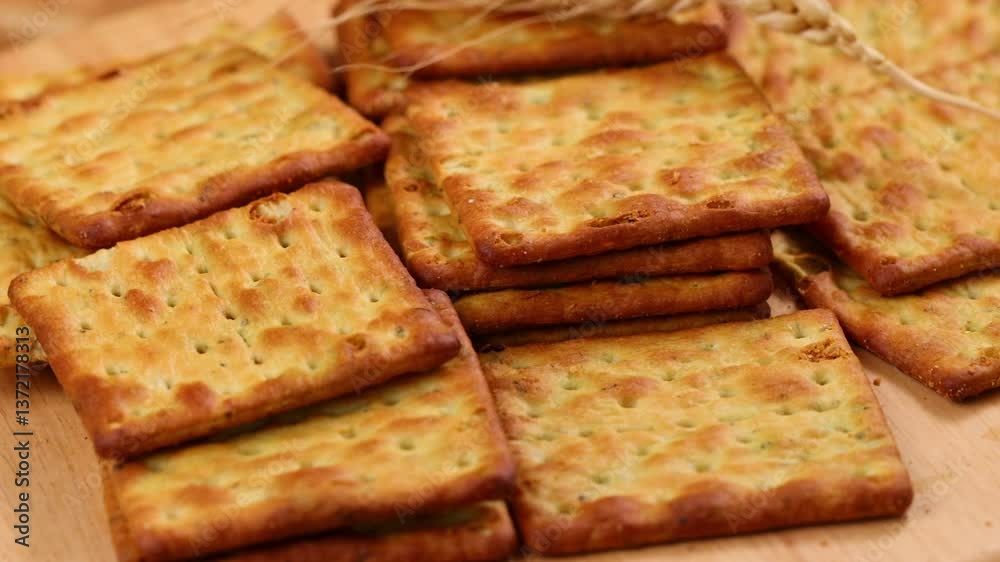 Close-up of crackers on wooden Close-up of crackers on wooden