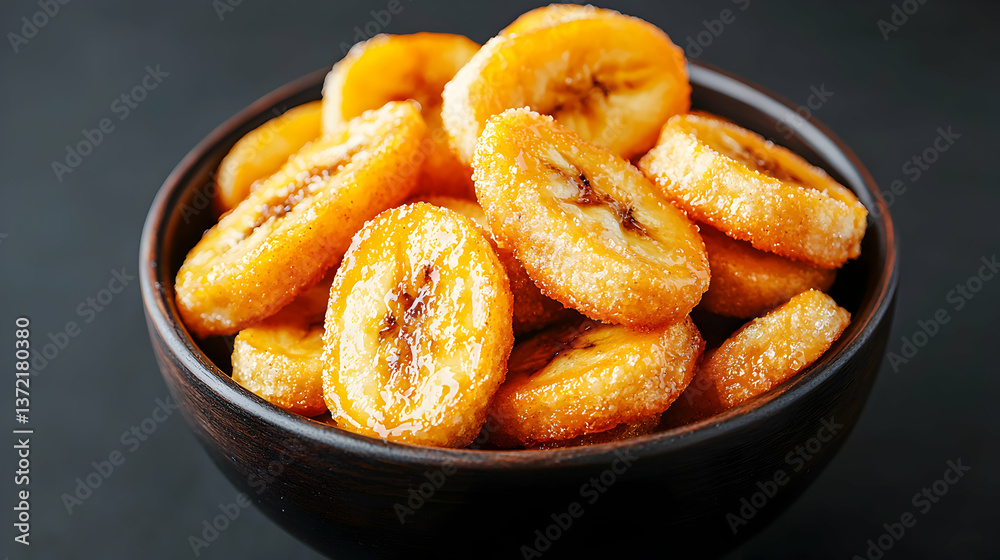 Golden Fried Banana Slices in Dark Brown Bowl Golden Fried Banana Slices in Dark Brown Bowl