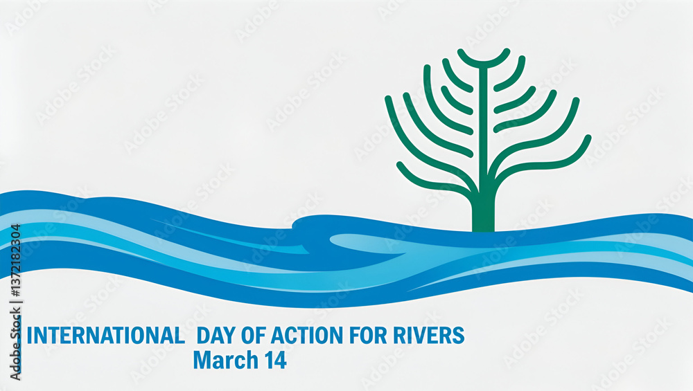 Fototapeta premium A clean and minimalistic flat design showcasing a river and tree icon, emphasizing water protection. Ideal for educational materials, posters, and advocacy graphics.