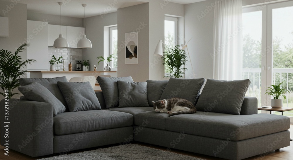 Fototapeta premium Modern Grey Sectional Sofa with Cat in Bright Living Room Interior