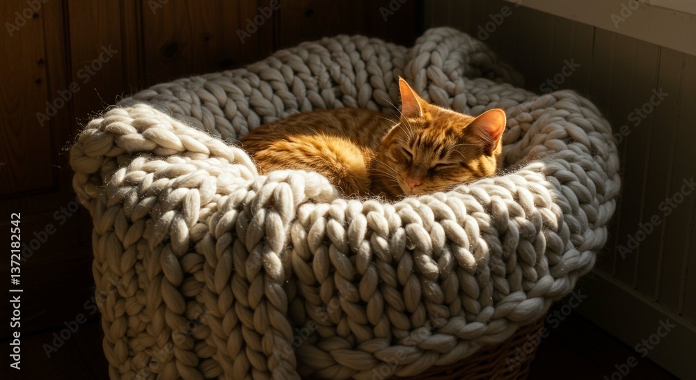 Obraz premium Orange Tabby Cat Napping in Cozy Chunky Knit Basket Sunlit