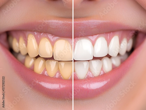 Comparison of yellow and white teeth in a close up image