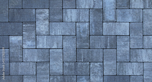Regular shape blocks of bluish tint, texture, background. Paving slabs of cement blocks of flat shape, close-up. New pavement in the city park. Arrangement of a park way with mosaic-like masonry