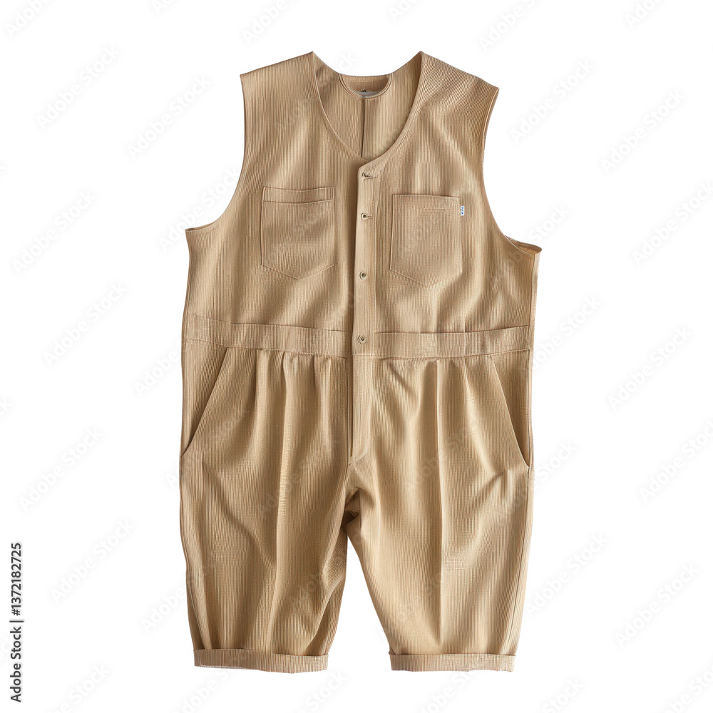 Stylish khaki sleeveless jumpsuit for summer casual wear and outdoor activities, front view Stylish khaki sleeveless jumpsuit for summer casual wear and outdoor activities, front view