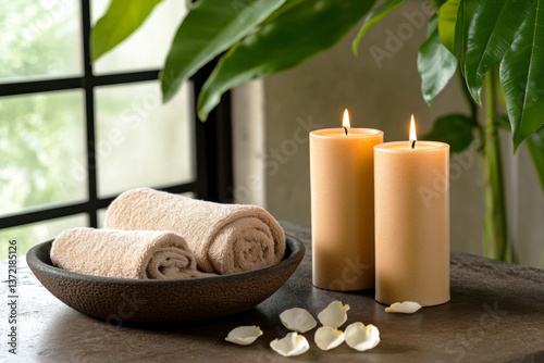Rolled beige towels and burning candles on spa table. Relaxation, wellness, and spa ambiance.     