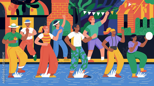 Colorful Festival Celebration Illustration, Vibrant Street Party, Joyful Community Gathering Art