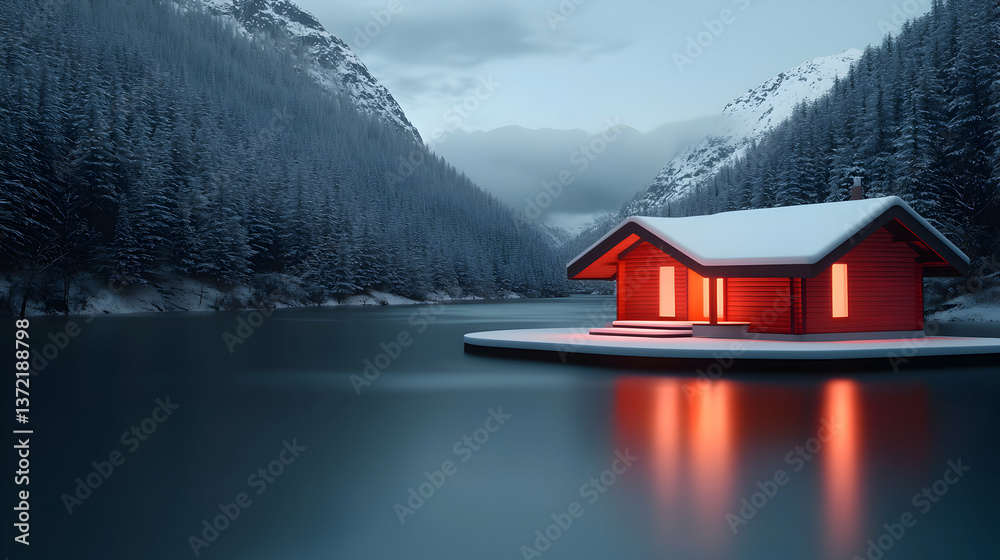 Fototapeta premium Red Wooden Cabin on Snowy Lake at Night in Mountains