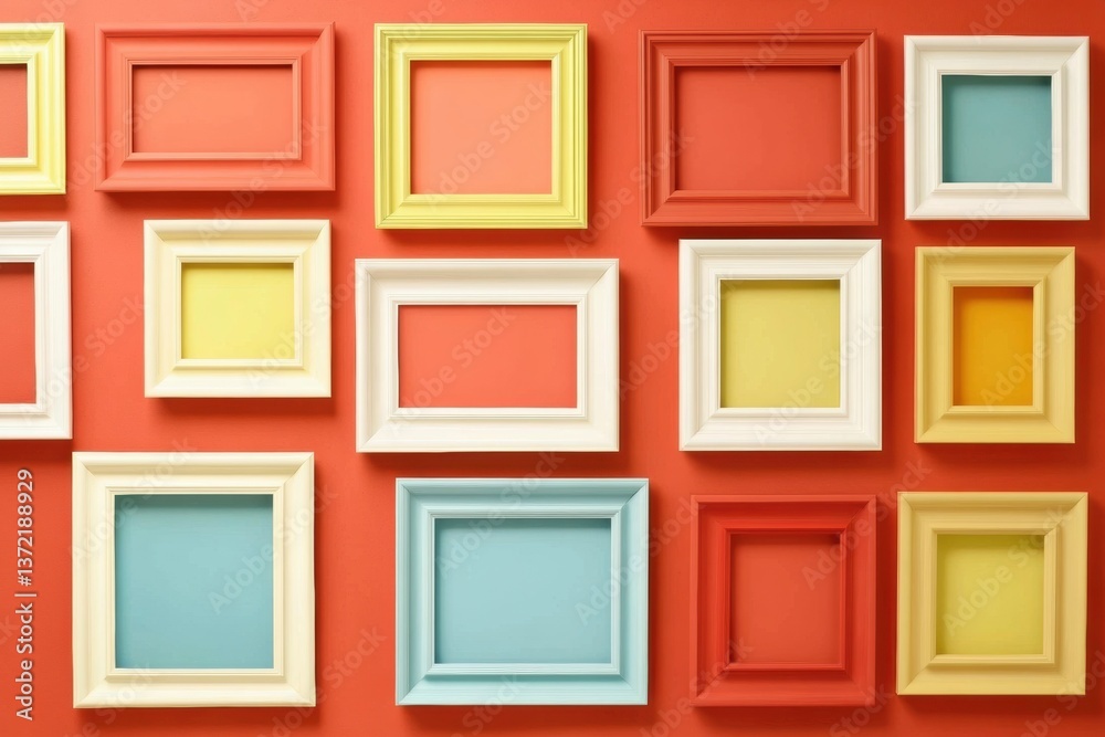 Modern grid wall display with colorful frames in various sizes, featuring a minimalist design with white borders and vibrant hues