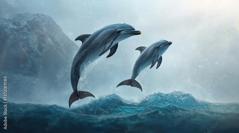 Naklejka premium Two dolphins leaping in a misty ocean