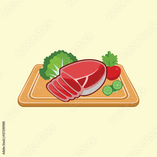 Illustration of raw steak, lettuce, radish, and cucumber slices on a wooden cutting board
