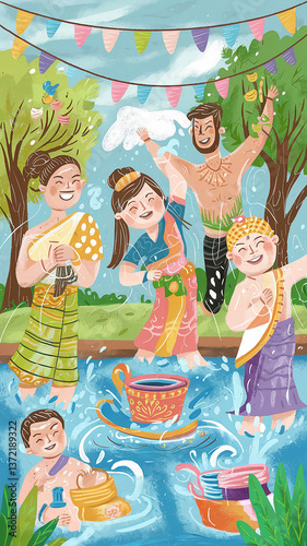Traditional Songkran Festival Illustration, Thai Water Festival Celebration, Joyful Songkran Water Splashing Artwork