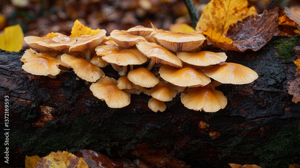 Mushrooms on the branch of beech fallen to the ground Mushrooms on the branch of beech fallen to the ground