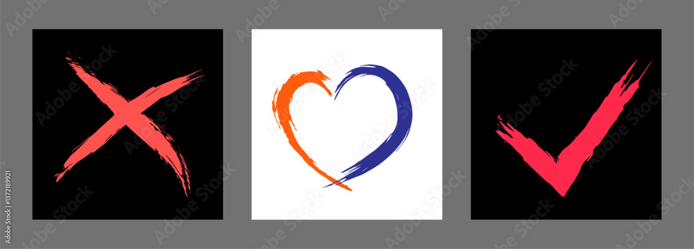 The cross, heart and OK symbol are hand-drawn with a brush. Prohibition, denial, error. Love. OK. Vector The cross, heart and OK symbol are hand-drawn with a brush. Prohibition, denial, error. Love. OK. Vector
