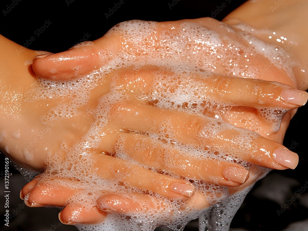 Fototapeta premium Human hands are being washed with soap in foamy water