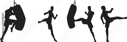 boxer hitting punching bag silhouette vector