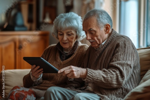 Elderly couple engaging with a tablet at home during a cozy afternoon together in a warm living room setting. concept elderly people and modern technologies, interaction with gadgets