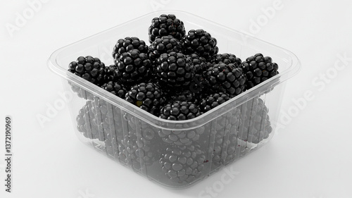 Punnet of blackberries, fresh blackberries in punnet, ripe blackberries isolated, juicy blackberries on white background, organic blackberries in container