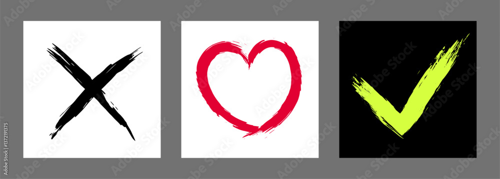 The cross, heart and OK symbol are hand-drawn with a brush. Prohibition, denial, error. Love. OK. Vector The cross, heart and OK symbol are hand-drawn with a brush. Prohibition, denial, error. Love. OK. Vector