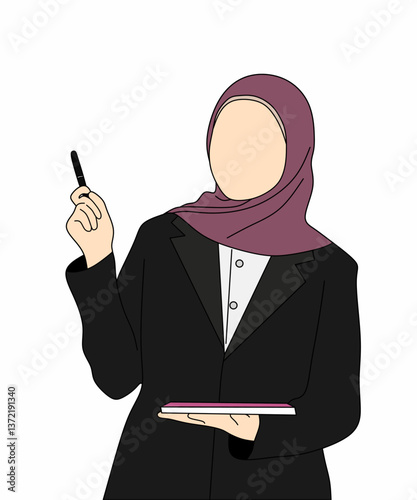 Vector of a woman in hijab holding a book and a pen
