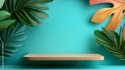 Wooden Shelf with Tropical Leaves on Teal Background