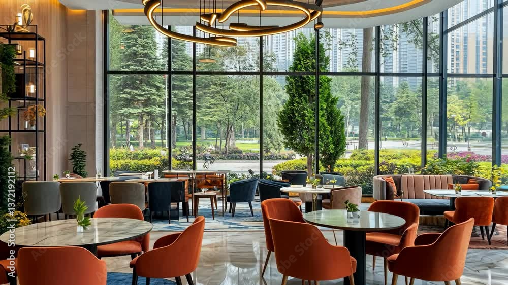 Elegant interior of modern café featuring comfortable seating and large windows overlooking lush greenery