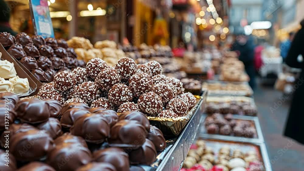 various type of bonbon small chocolate confection selling at local street market, bustling people shopping