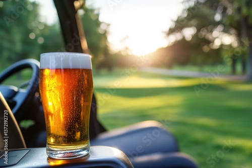 Beer in golf cart at sunset on course