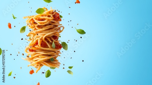 Spaghetti topped with tomato sauce and herbs floating against a blue background