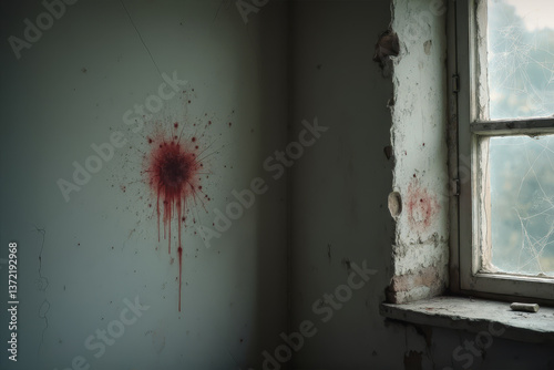 Crime investigation image of murder scene with blood stain and bullet holes