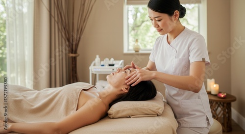 Serene Facial Massage: Asian Woman Receiving Spa Treatment