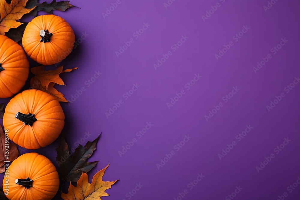 Several orange pumpkins and leaves arranged on a purple background space Several orange pumpkins and leaves arranged on a purple background space