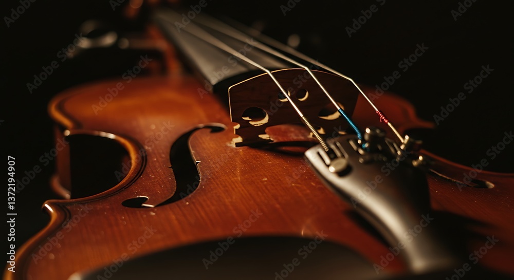 Close-up of a Violin Showing the Strings and Body Detail Close-up of a Violin Showing the Strings and Body Detail