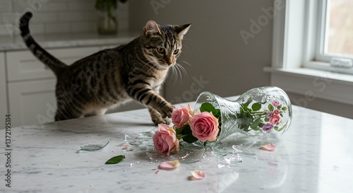 Tabby Cat Knocking Over Glass Vase with Pink Roses on Marble Kitchen Counter