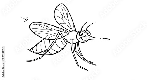 Cartoon Mosquito Flying with a Happy Expression in Black and White
