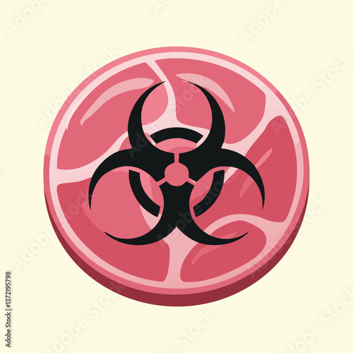 Pink meat slice illustration with a black biohazard symbol inside a circle