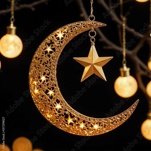Gold crescent moon and star decoration, evoking themes of culture and religion