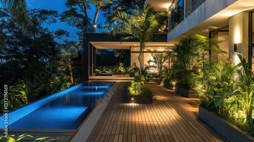 Modern luxury home pool deck at night