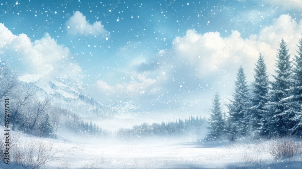 Fototapeta premium Serenity of Winter Landscape: Blue Sky, Falling Snowflakes, Snow-Covered Ground, Pine Trees, Mountain Range - Peaceful Atmosphere