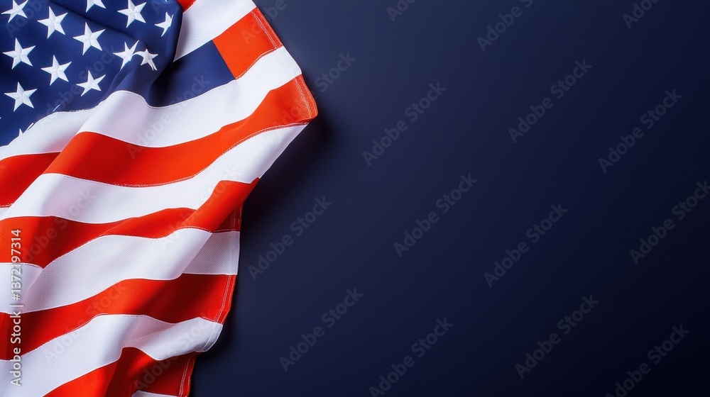 Fototapeta premium American flag draped against a dark background.
