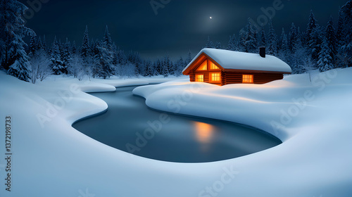 Cozy Log Cabin in Snowy Forest at Night