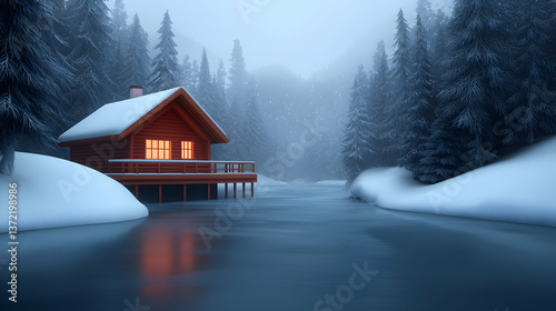 Cozy Log Cabin on Frozen Lake in Snowy Forest at Night