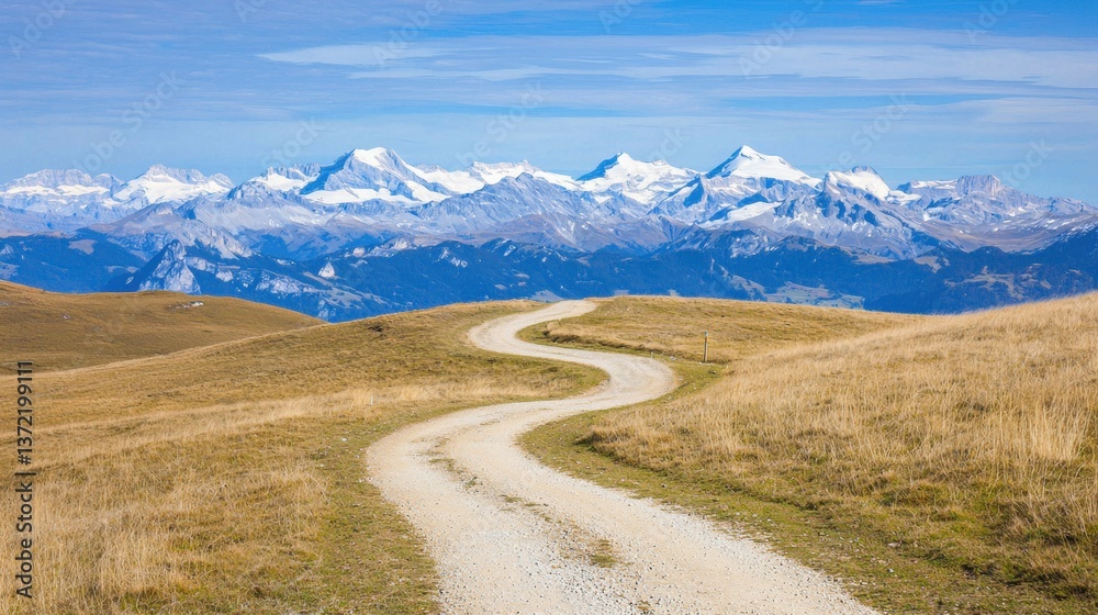 Winding path through snowy mountains under blue sky. Winding path through snowy mountains under blue sky.