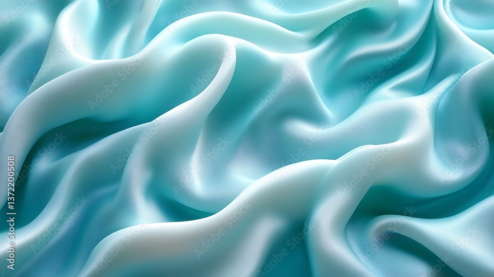 Fototapeta premium A surreal silk satin background in gradient turquoise and seafoam green, with soft, billowing waves that mimic ocean foam. The high-definition texture is mesmerizingly smooth.