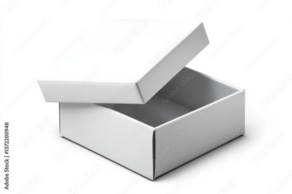 Naklejka premium White glossy rectangular box with open lid, revealing interior, set against plain white background as focal point