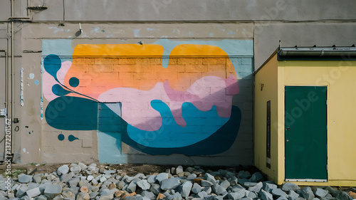 Colorful graffiti mural on a brick wall with a small yellow building