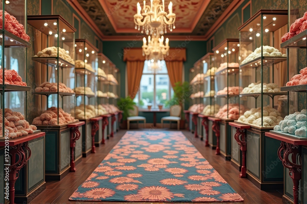 Fototapeta premium Luxurious yarn shop display with elegant chandelier and colorful carpet