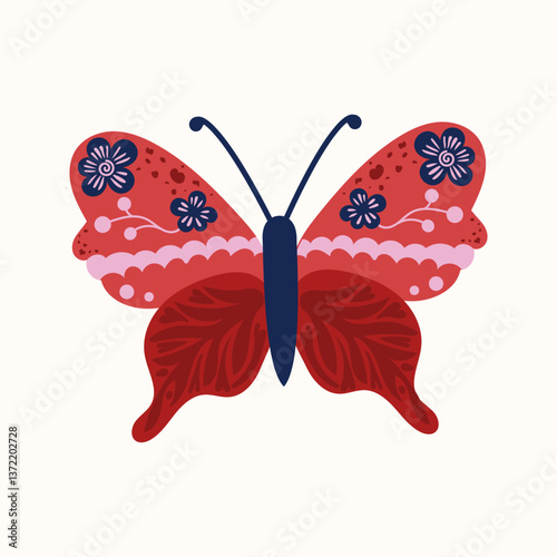 A vibrant butterfly with red wings adorned with floral patterns, delicate petals, and ornamental leaves. Detailed and symmetrical design showcasing intricate decorations and artistic elements. Modern