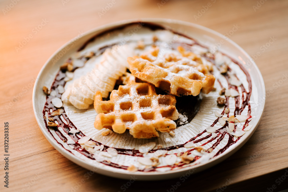 Delicious Belgian waffles served with fresh banana slices and a berry drizzle in a cozy cafe Delicious Belgian waffles served with fresh banana slices and a berry drizzle in a cozy cafe