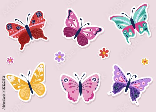 Set colorful butterflies with detailed wing patterns surrounded by decorative floral elements. Modern sticker-style illustration with vibrant, symmetrical designs and playful aesthetics. Pastel pink